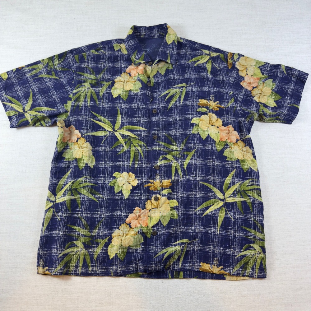 Tommy Bahama Mens XL Silk Tropical Hibiscus Bamboo Floral Camp Shirt Navy Blue